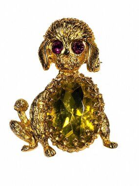 Vintage 1990s Gold Tone Jelly Belly Rhinestone Dog Brooch Statement Brooch